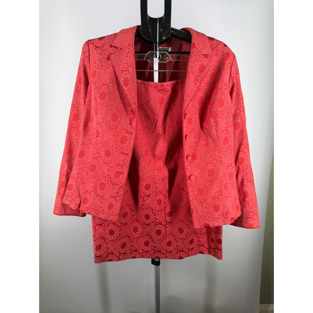 Kasper Dress Womens 12 Skirt Suit Set Coral Red Floral Blazer Pencil Skirt
